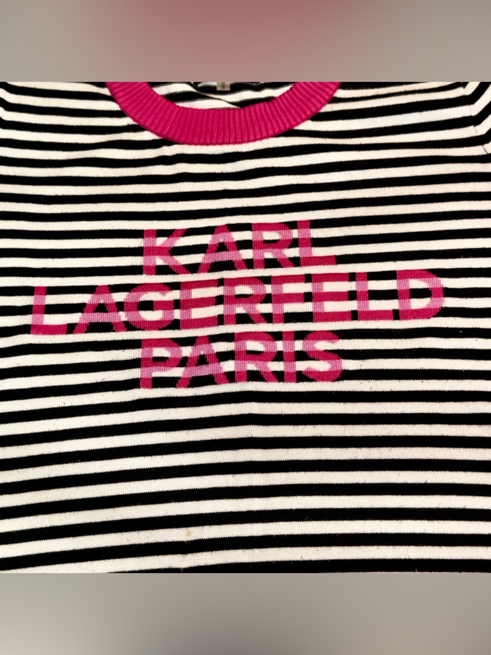 Karl Lagerfeld Black & White Striped Knit Top with Hot Pink Trim - Picture 2 of 4